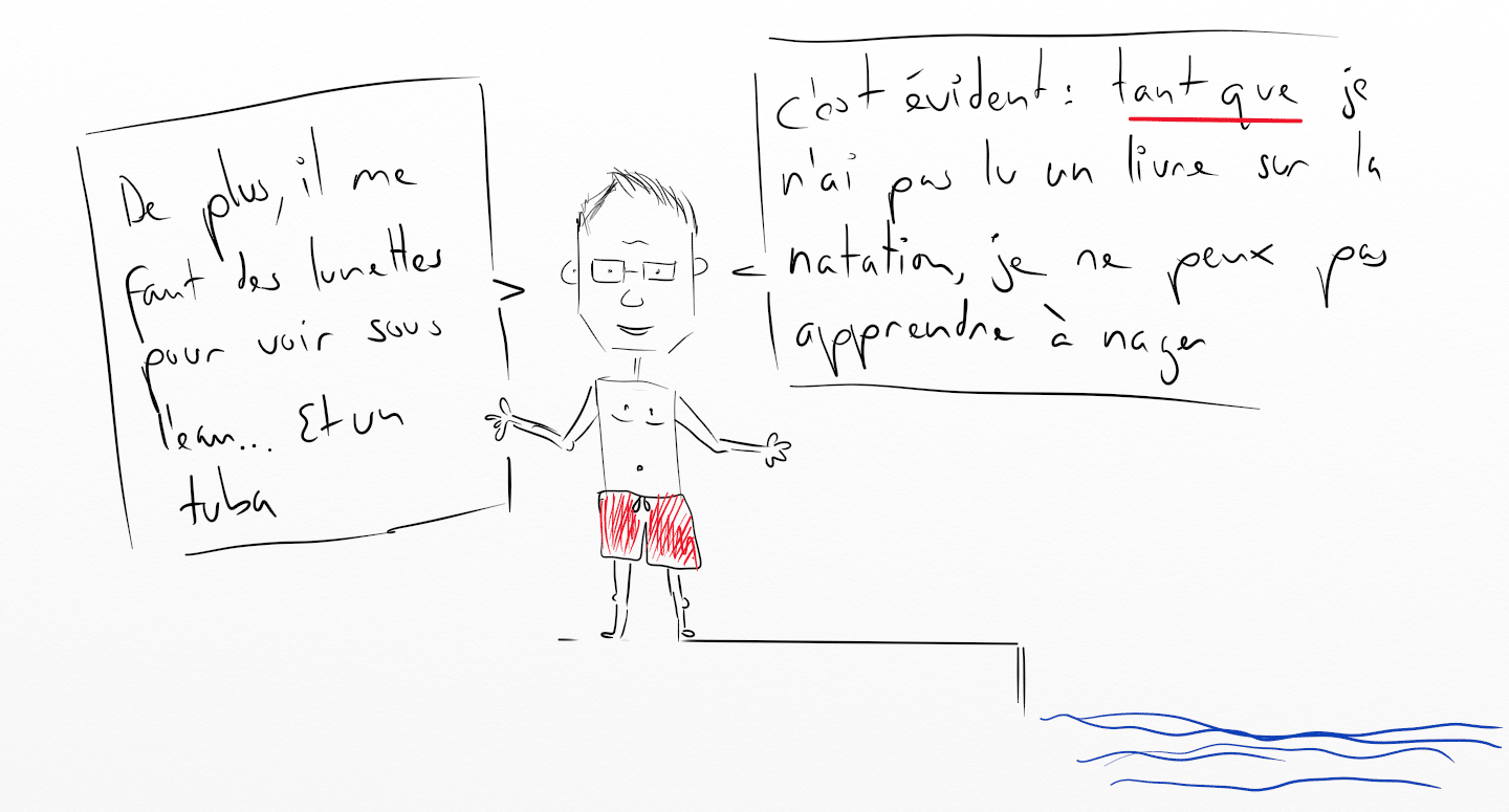 dessin d'un homme en maillot de bain au bord d'une piscine : c'est évident tant que je n'ai pas lu un livre sur la natation, je ne peux pas apprendre à nager