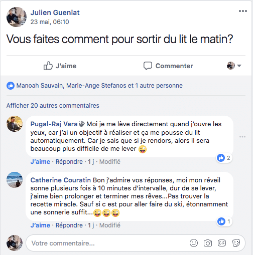 Capture d'écran discussion Facebook : Vous faites comment pour sortir du lit le matin?