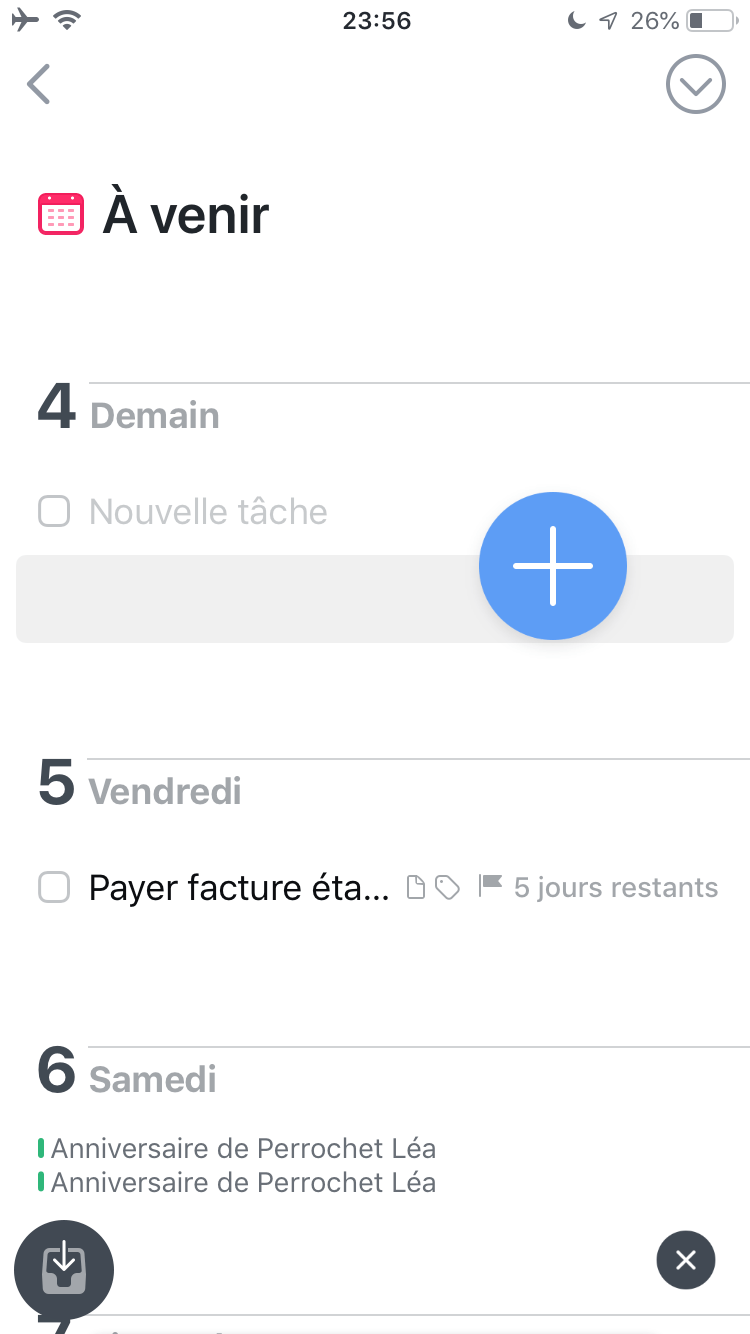 Capture d'écran Things 3 : calendrier à venir