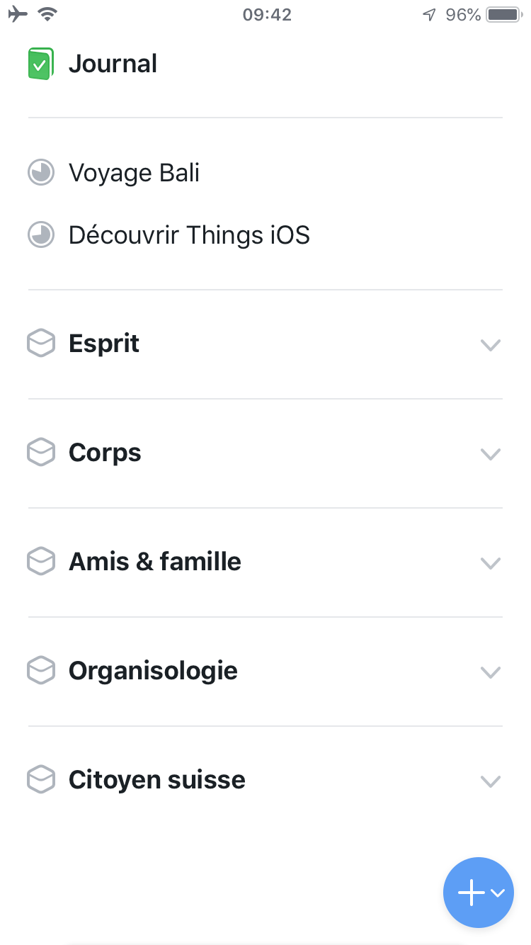 Capture d'écran Things 3 : projets et domaines de vie