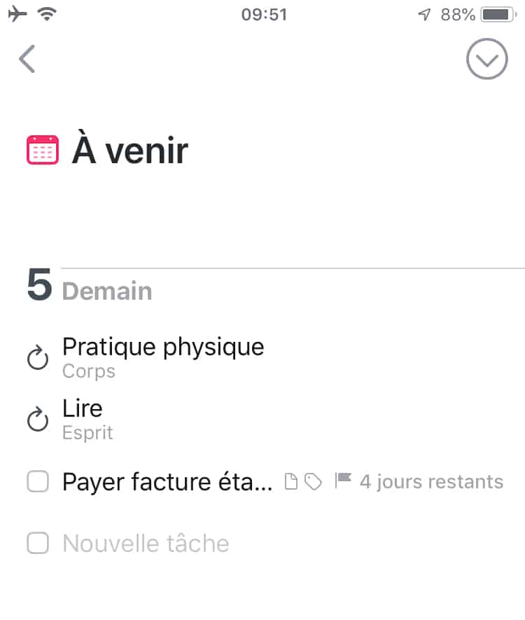 Capture d'écran : Tâche récurrentes sur Things 3