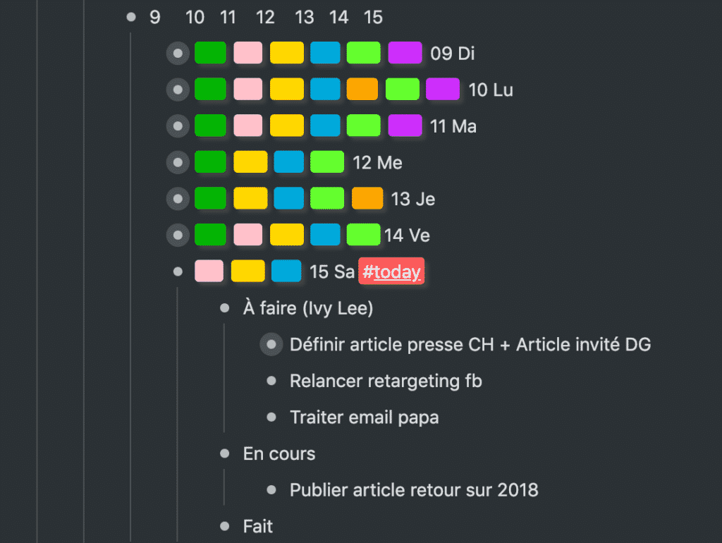 Capture Agenda Infini Workflowy et carrés trackeurs d'habitude