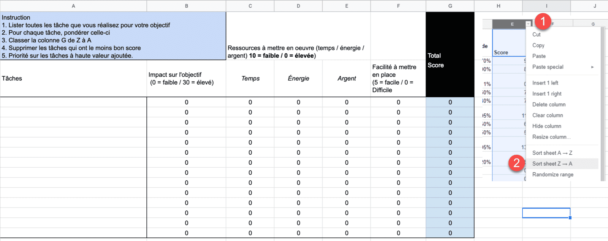 Capture de la matrice de pareto : tableur attribuant un score à une tâche en fonction des ressources nécessaires (temps, énergie, argent, difficulté)