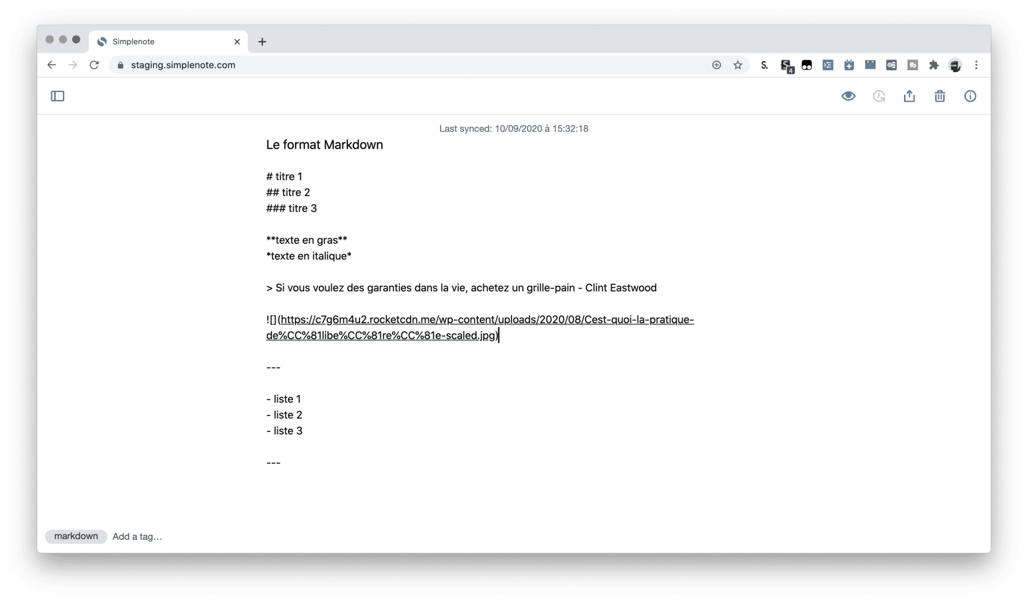 markdown balise dans simplenote
