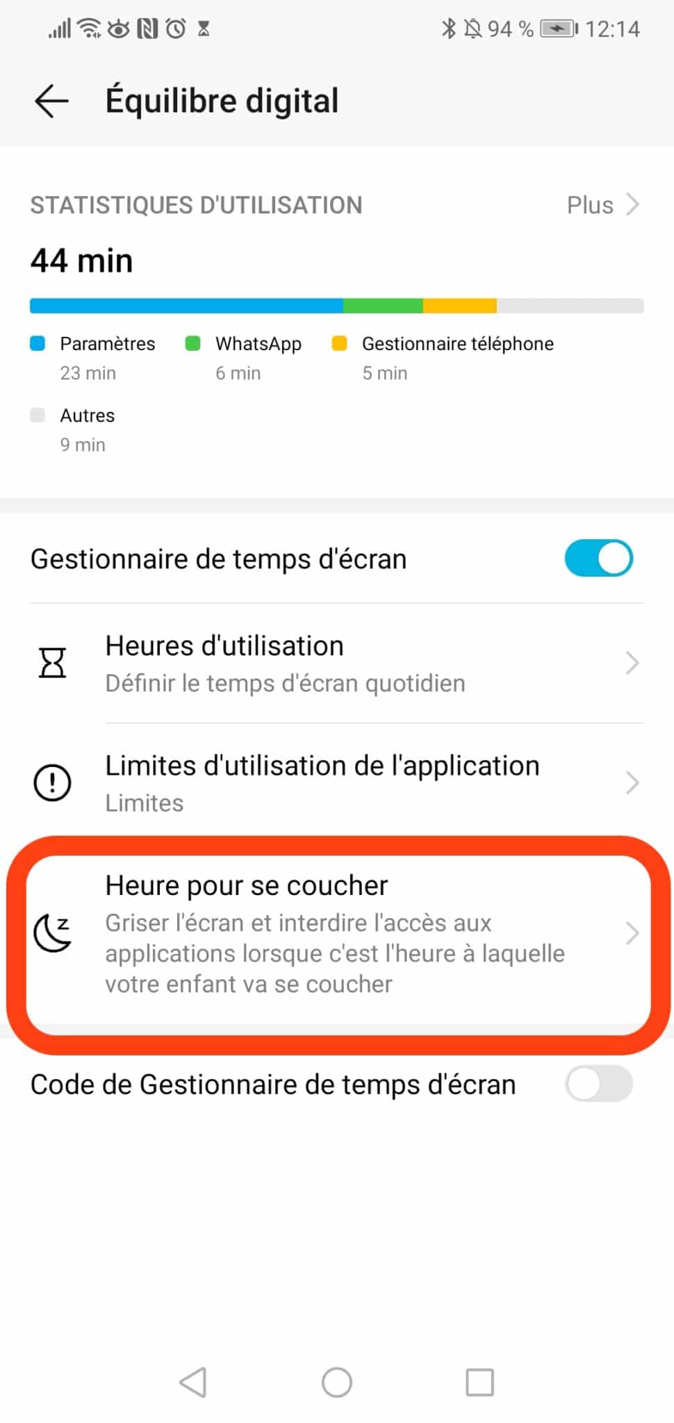 Heure pour se coucher android